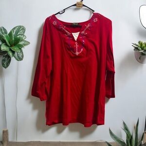 Red Embroidered Women's Top